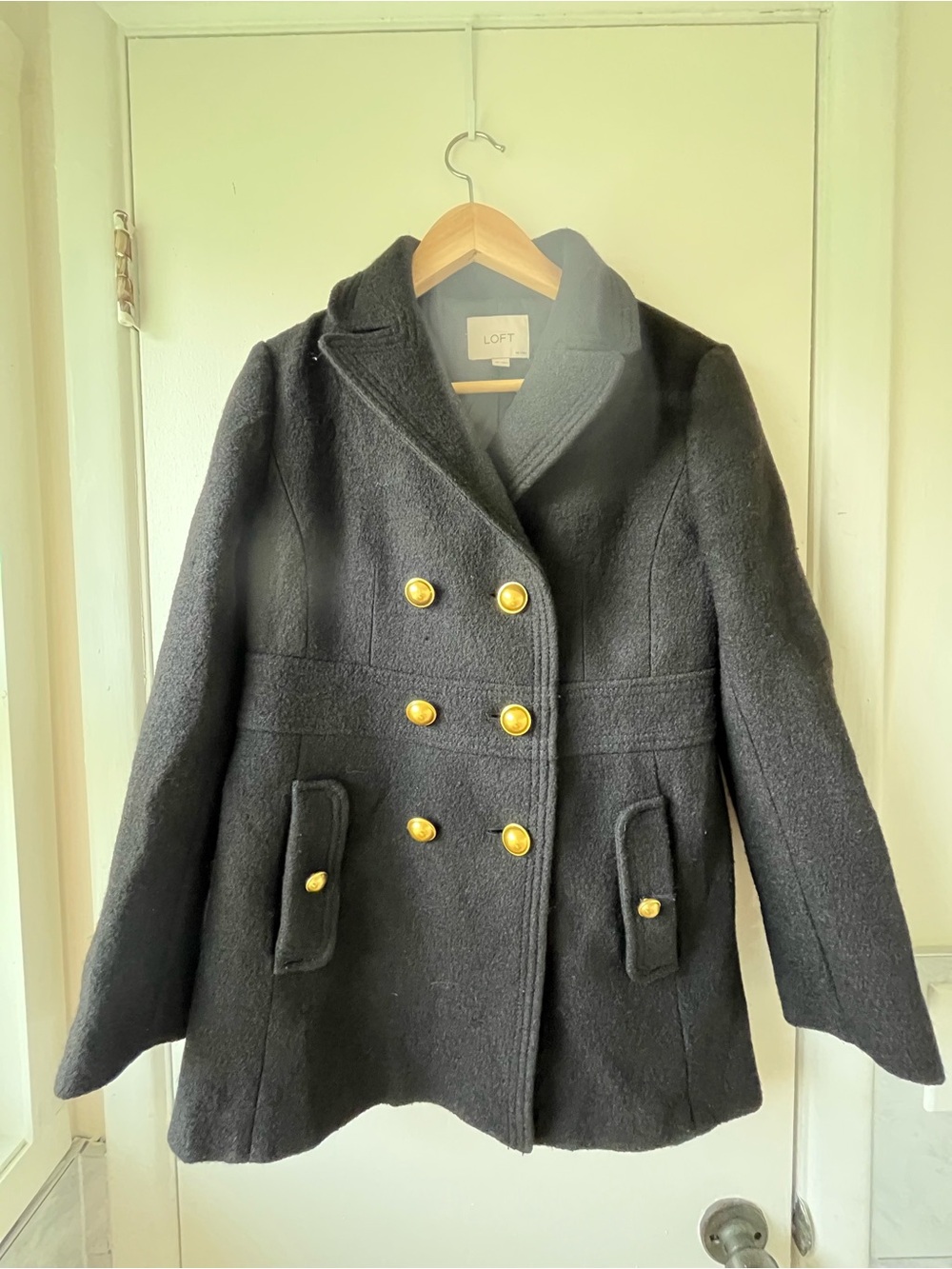 LOFT Black Double-Breasted Peacoat with Gold-Tone Buttons